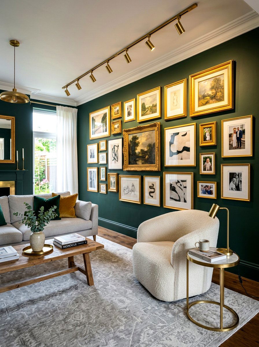 Dark Green Gallery Wall - 30 dark green living room ideas