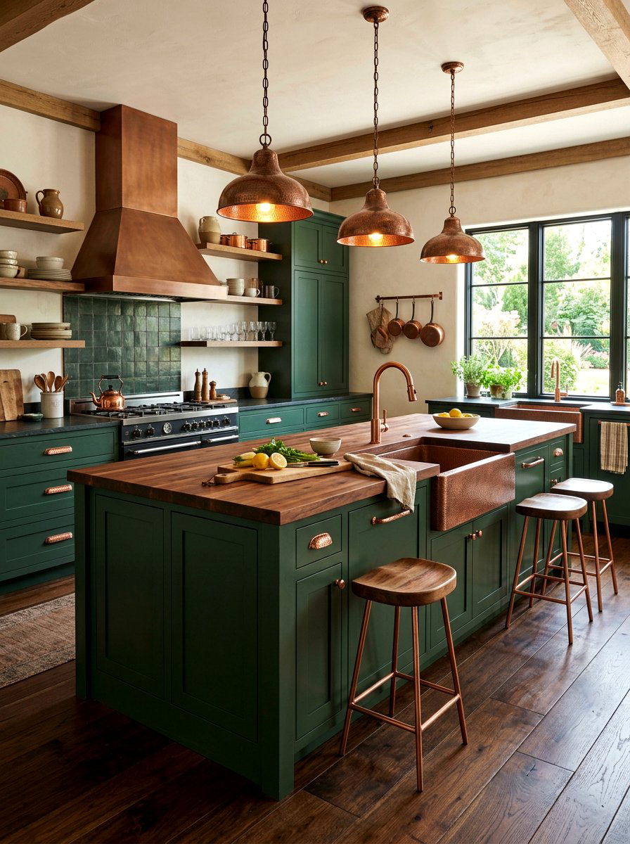 Dark Green Island Copper Hardware - 30 dark green kitchen island ideas