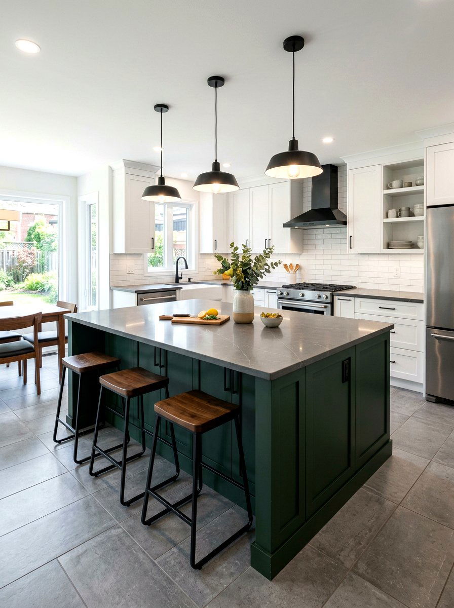 Dark Green Island Grey Countertop - 30 dark green kitchen island ideas