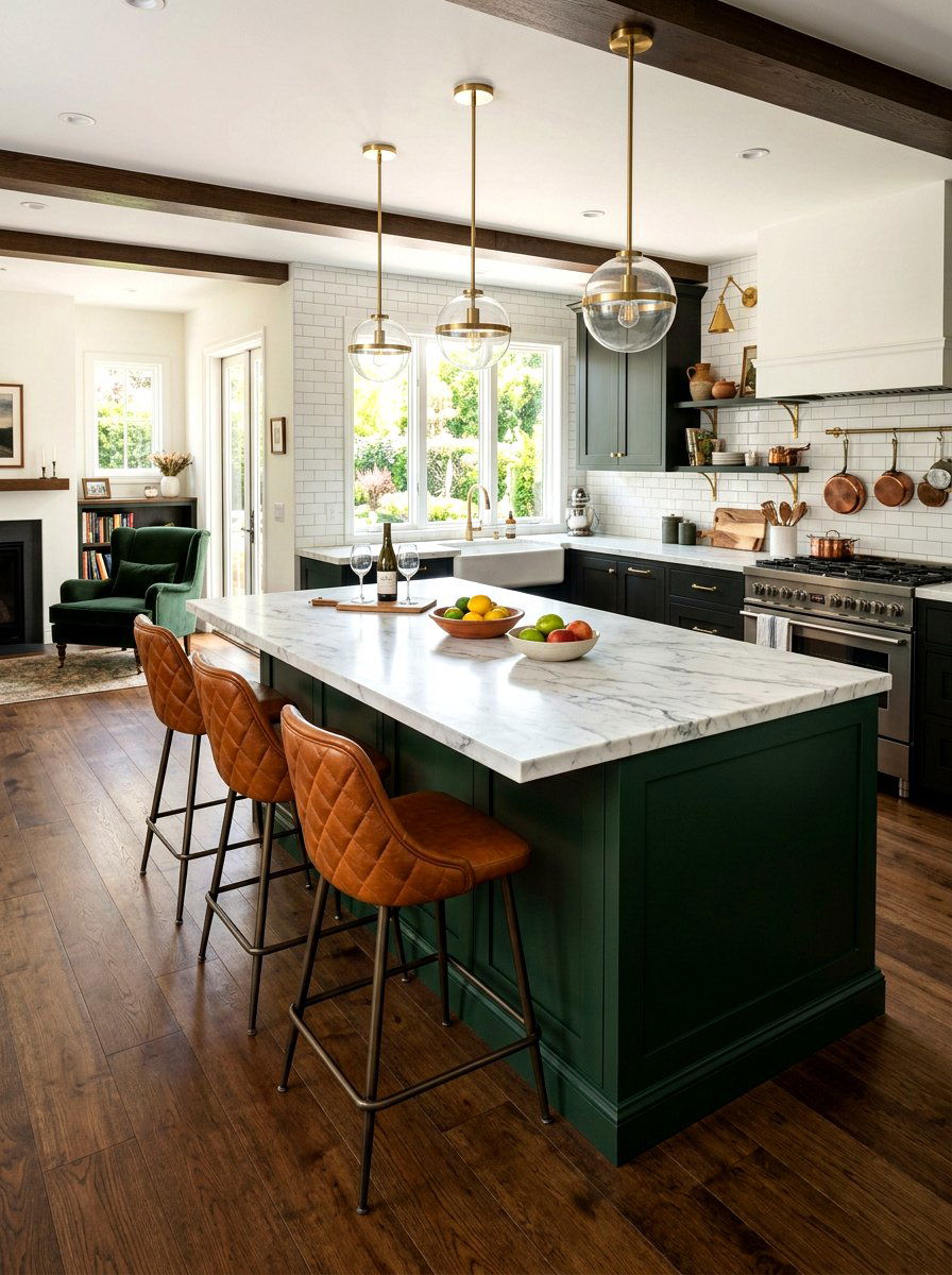 Dark Green Island Leather Bar Stools - 30 dark green kitchen island ideas