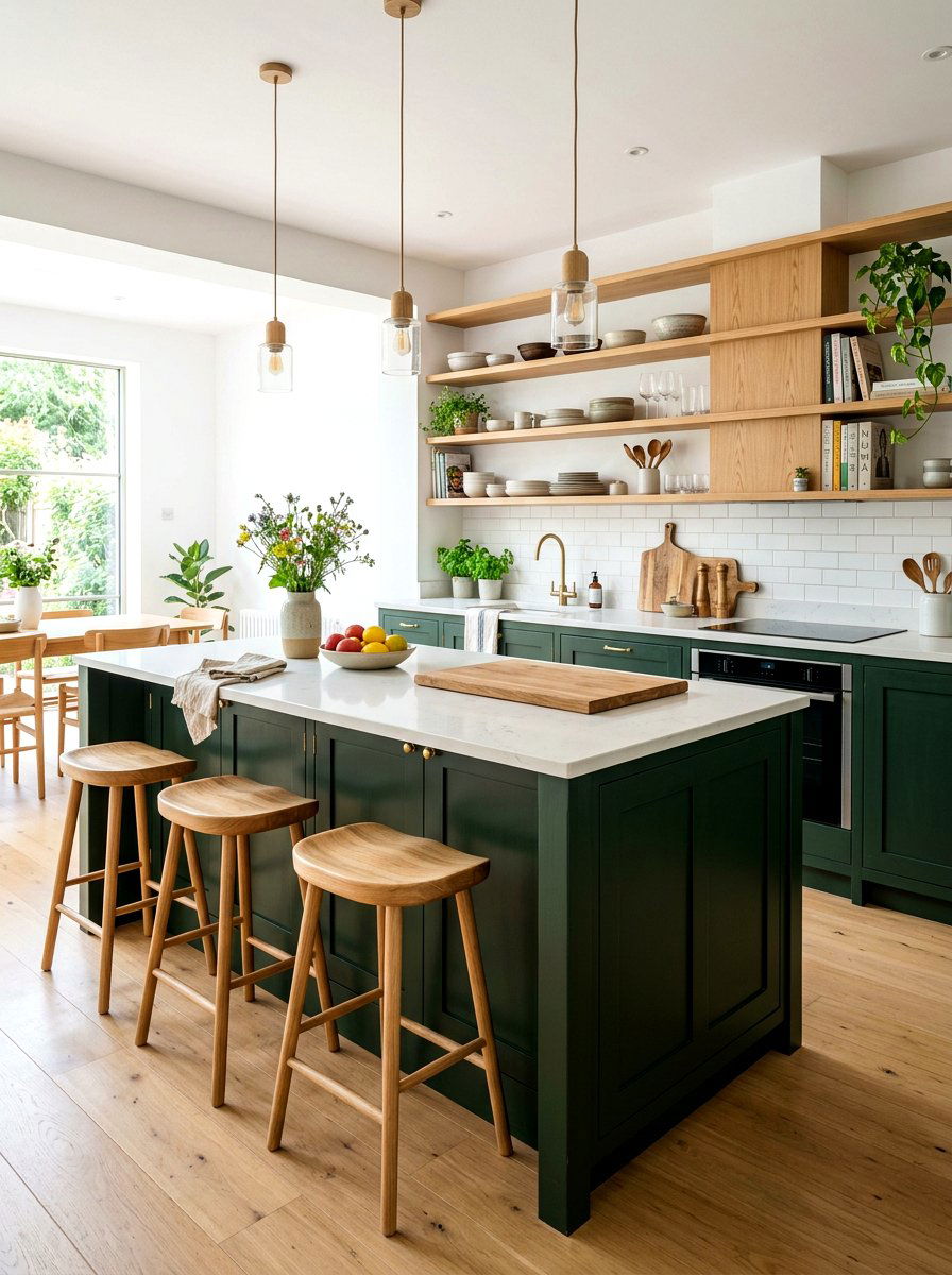 Dark Green Island Natural Wood Stools - 30 dark green kitchen island ideas