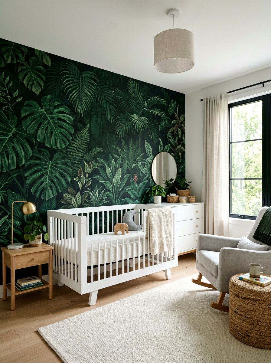 Dark Green Jungle Mural - 30 safari wall mural nursery ideas