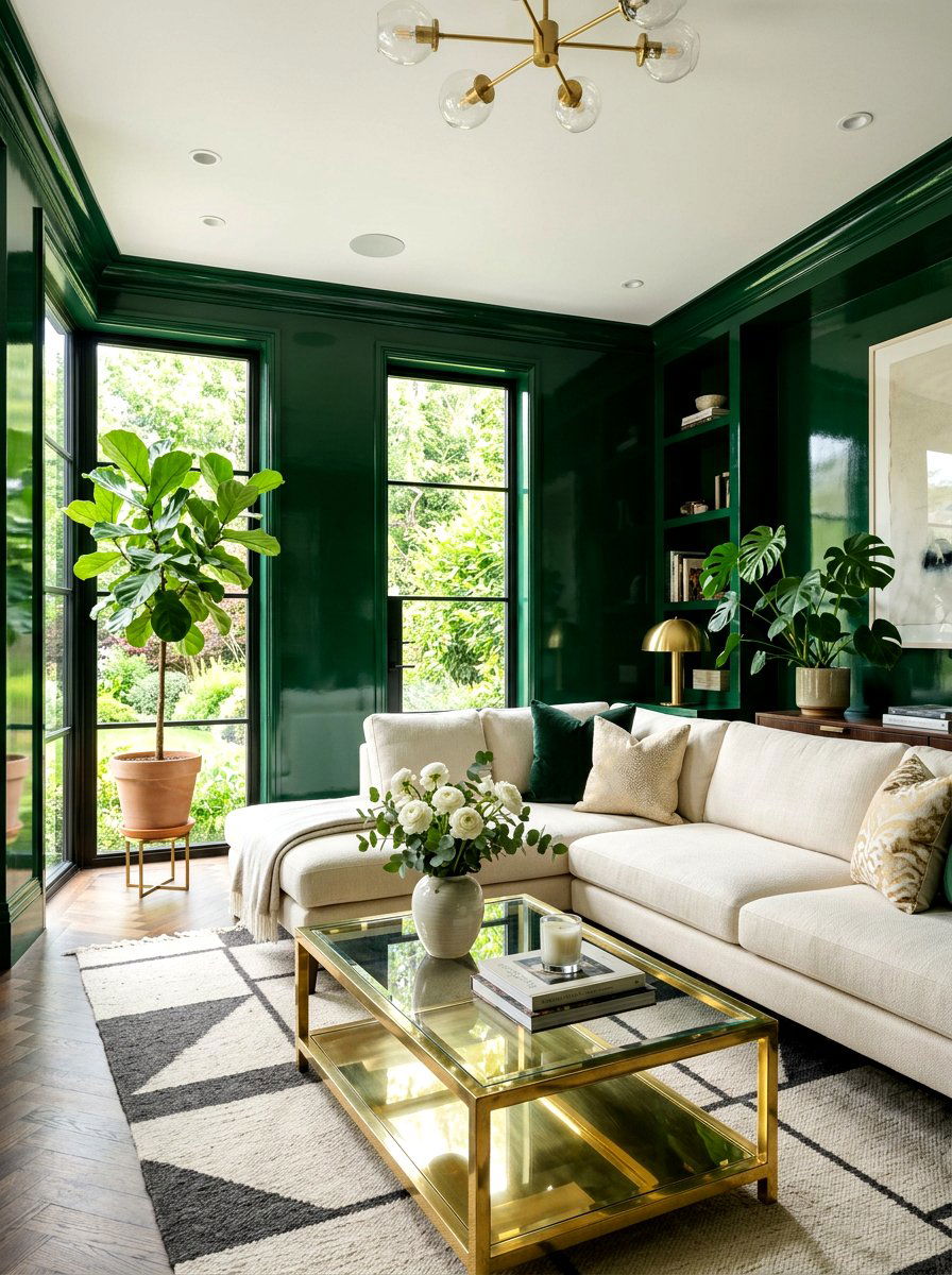 Dark Green Lacquer Living Room - 30 lacquered room ideas