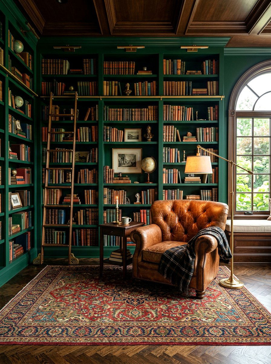 Dark Green Library Wall - 30 moody library living room ideas