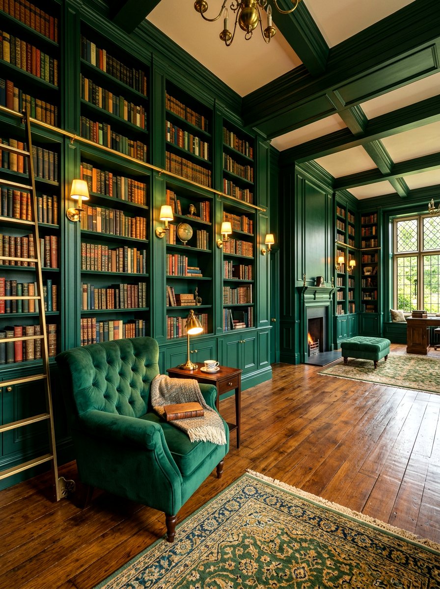 Dark Green Library - 30 moody home library ideas