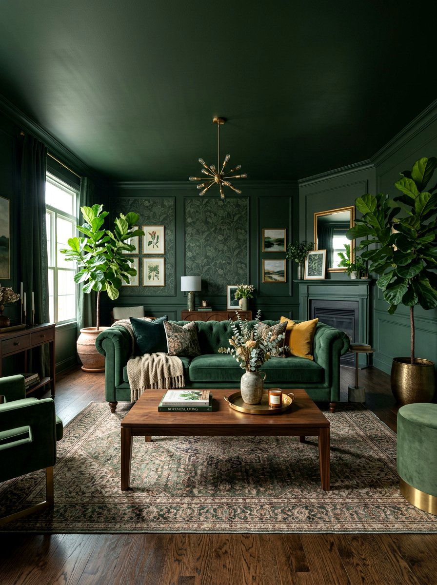 Dark Green Living Room - 30 botanical drench room ideas