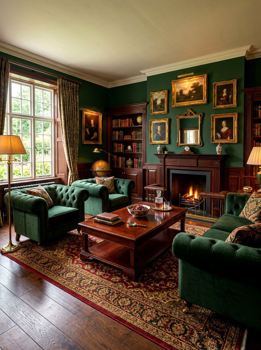 Dark Green Living Room - 30 moody English living room ideas