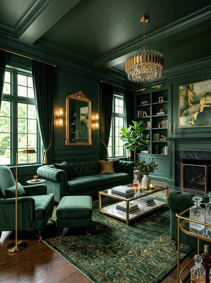 Dark Green Monochrome Look - 30 dark green living room ideas