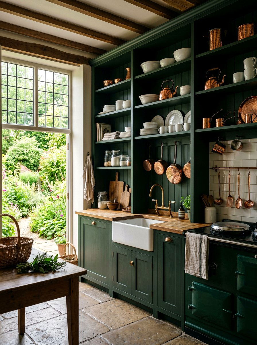 Dark Green Shelving - 30 English country kitchen shelf ideas