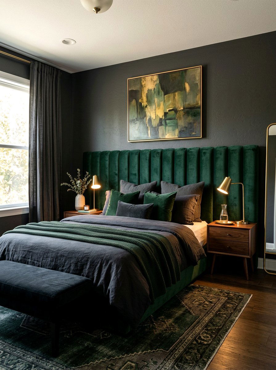 Dark Green Velvet Fluted Headboard - 30 fluted headboard ideas