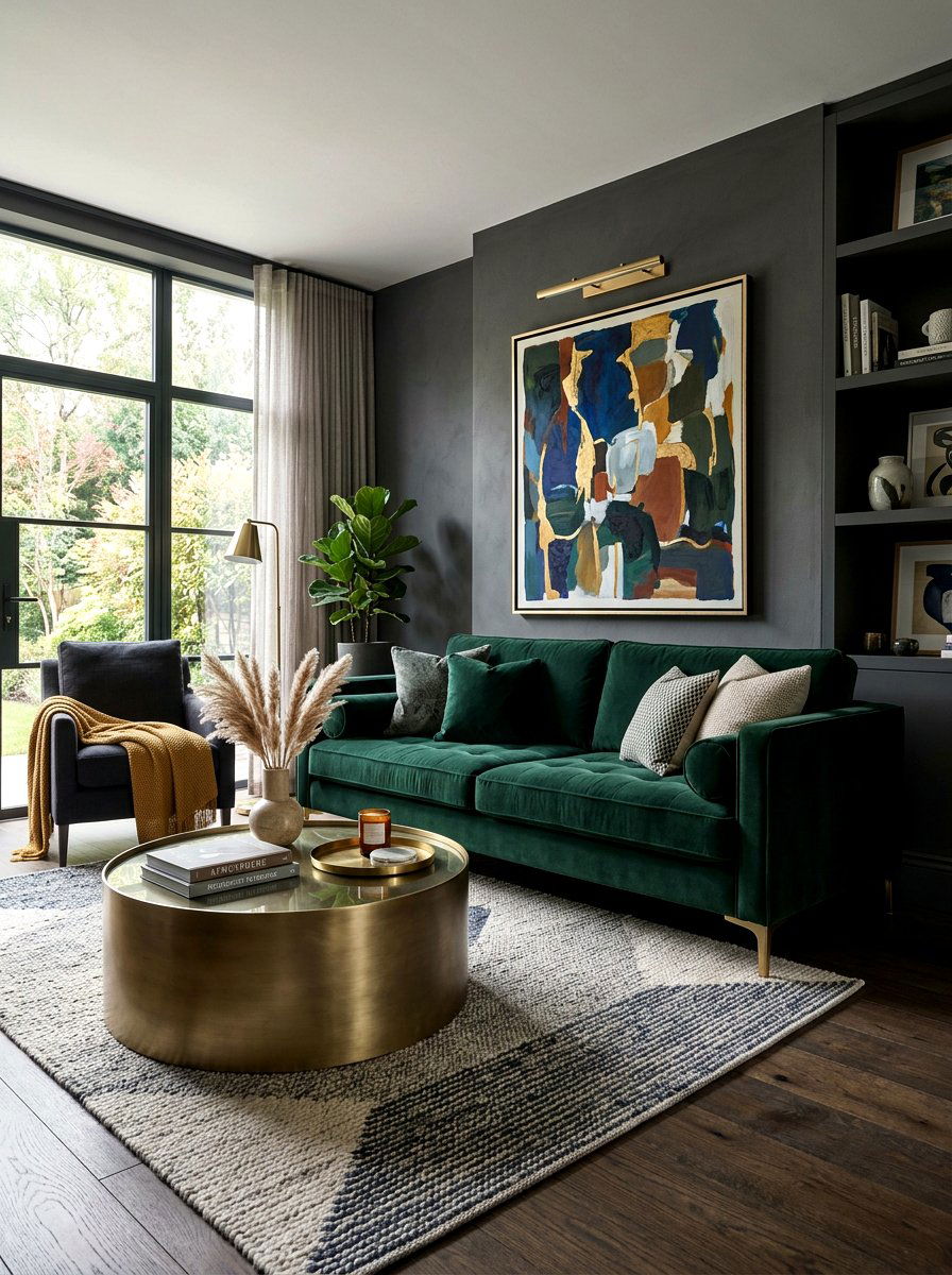 Dark Green Velvet Sofa - 30 moody hotel lobby living room ideas
