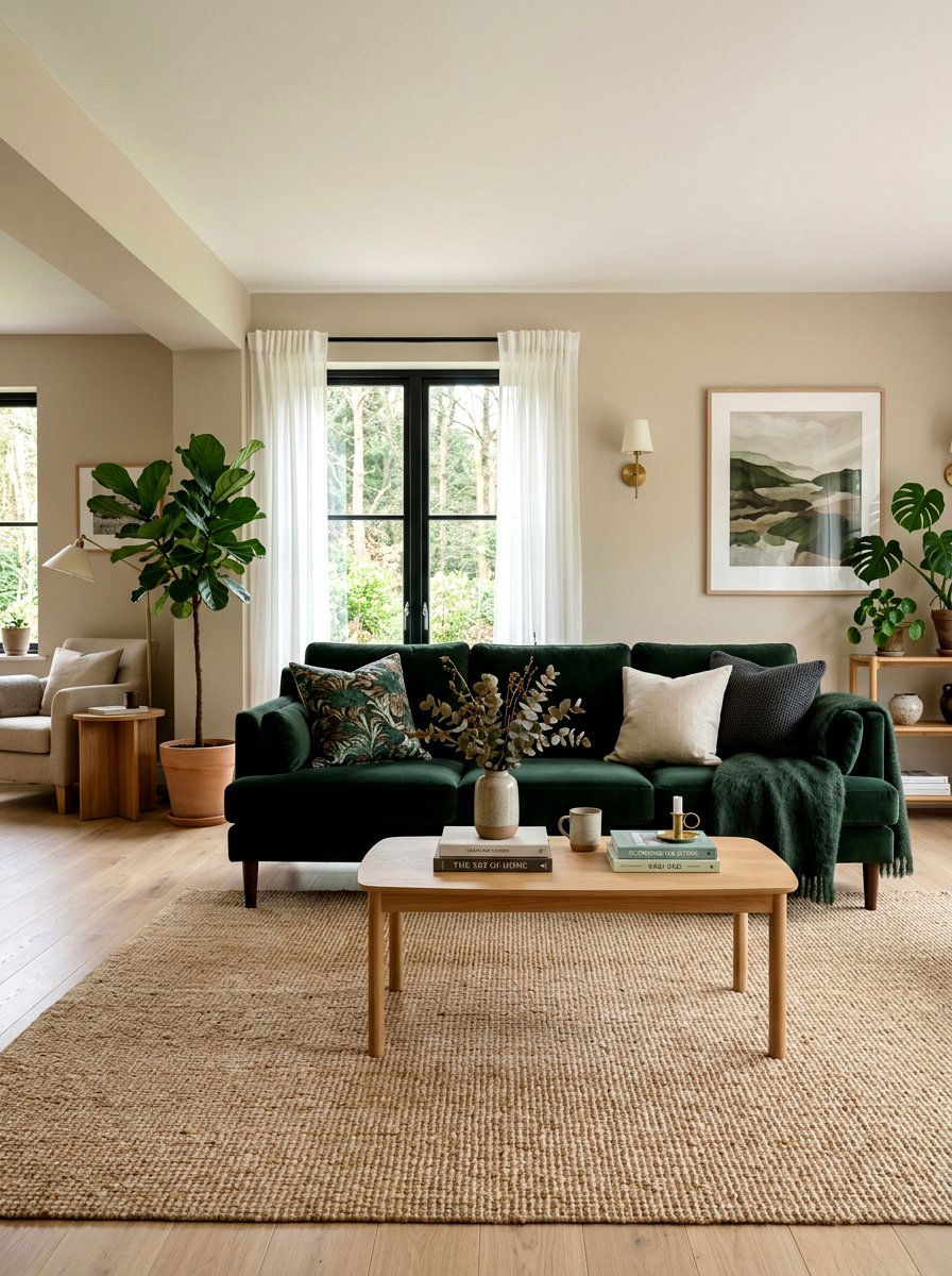 Dark Green Velvet Sofa With Oak Coffee Table - 30 forest green and brown living room ideas