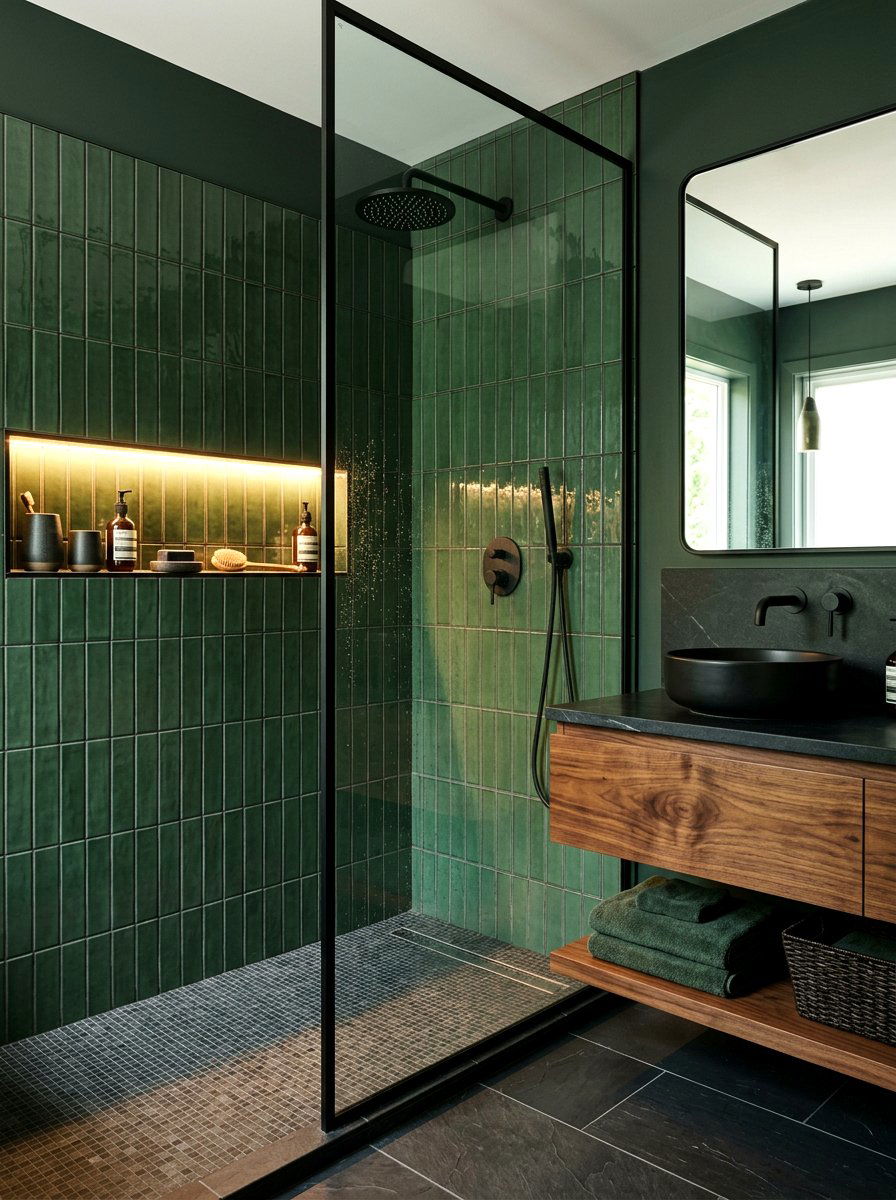 Dark Green Vertical Tile - 30 vertical tile shower ideas