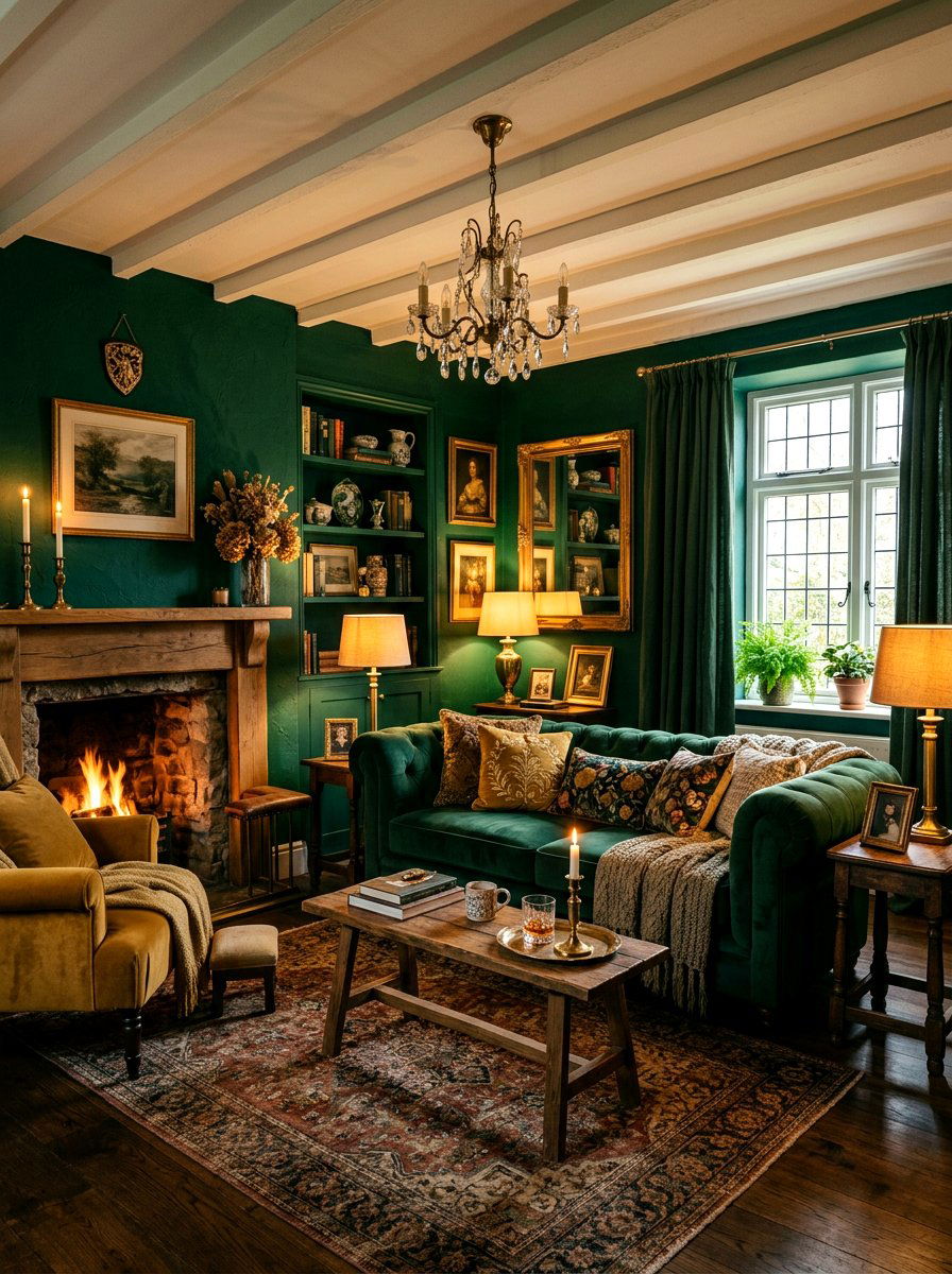 Dark Green Walls - 30 cottage living room decor ideas