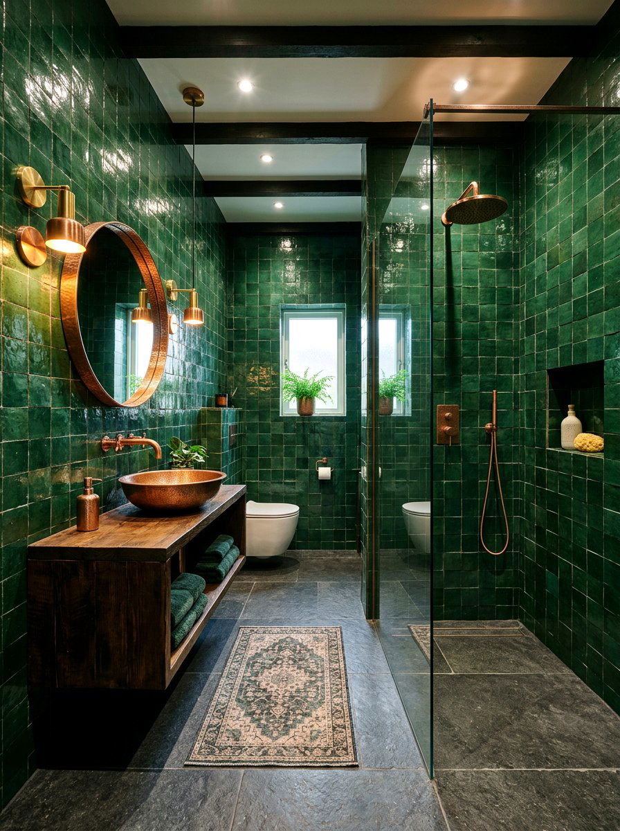 Dark Green Zellige Bathroom - 30 Moroccan bathroom ideas