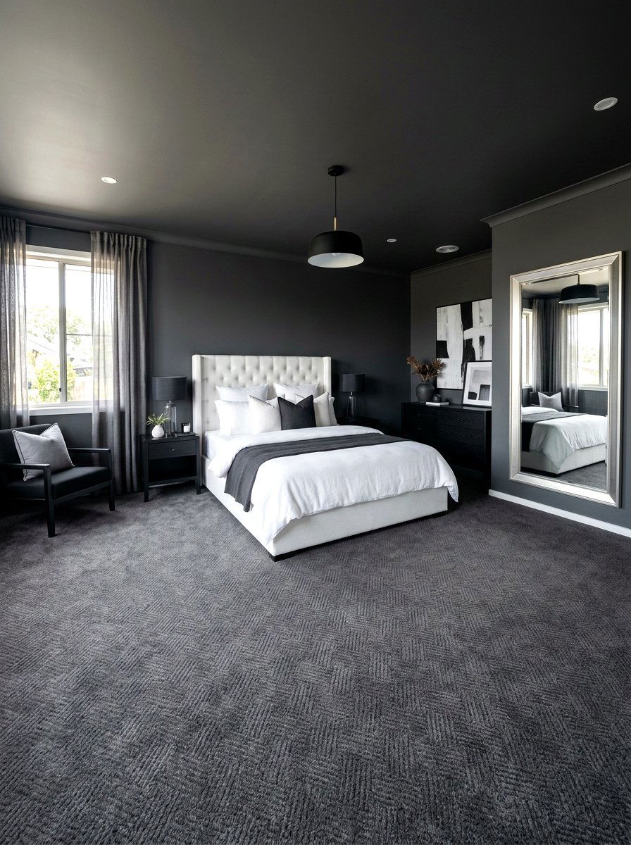 Dark Grey Carpet - 30 moody bedroom ideas