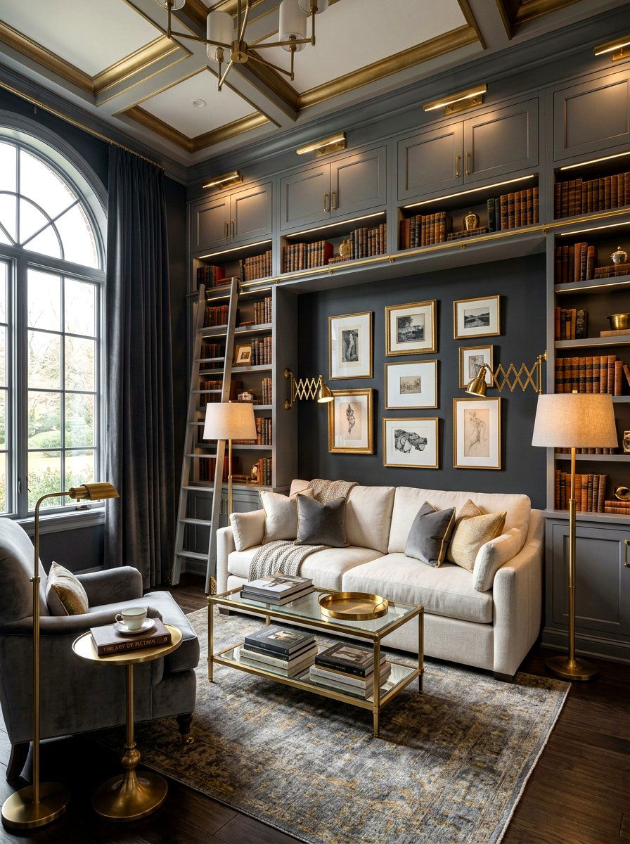 Dark Grey Reading Room Brass - 30 moody reading room ideas
