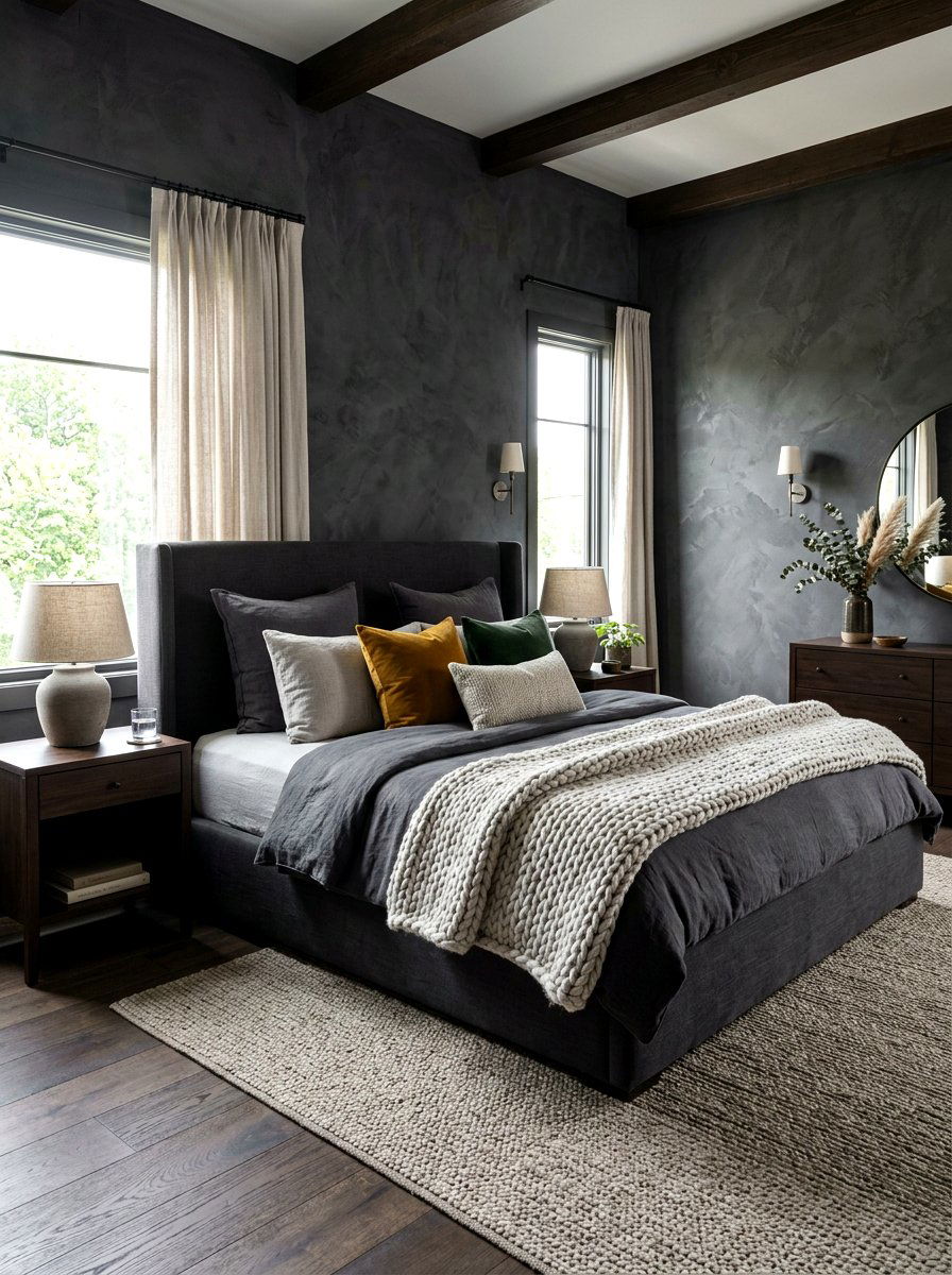 Dark Grey Textured Wall Bedroom - 30 moody hotel bedroom ideas