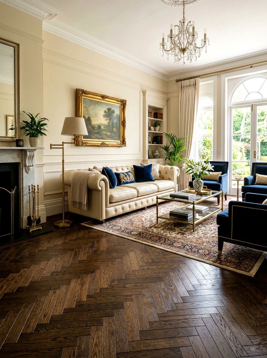 Dark Herringbone Floor - 30 moody hotel lobby living room ideas