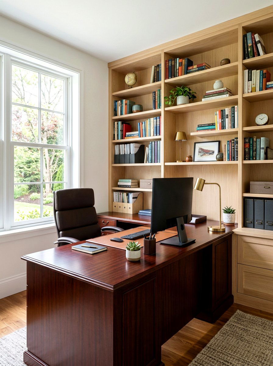 Dark Mahogany Desk with Light Ash Shelving Office - 30 mixed wood tone decor ideas