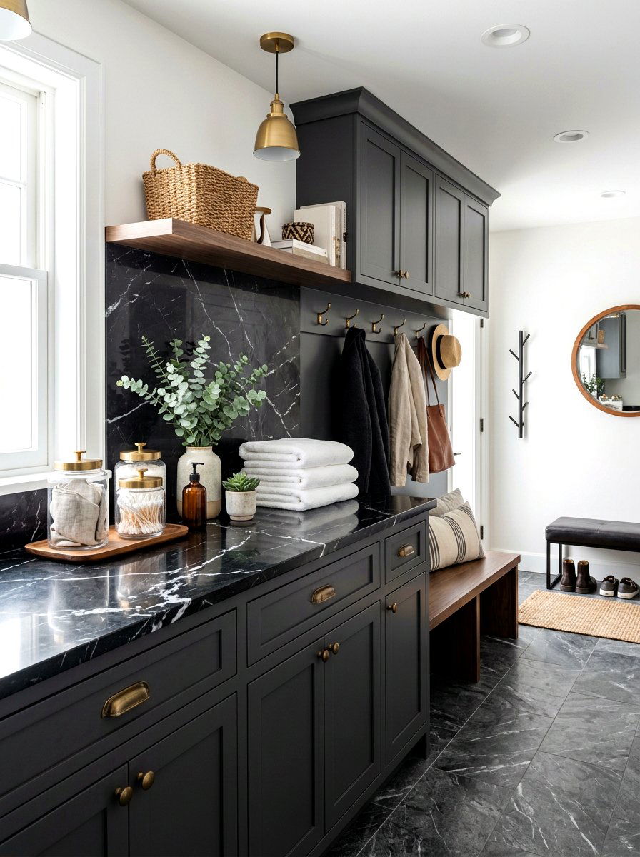 Dark Marble Mudroom Countertop - 30 moody mudroom ideas