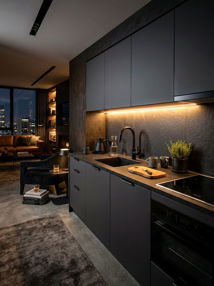Dark Matte Kitchenette - 30 studio kitchenette ideas