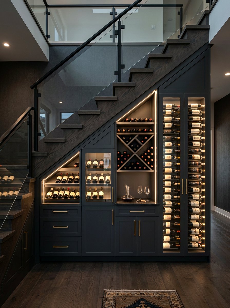 Dark Modern Wine Cabinetry - 30 under stairs wine nook ideas