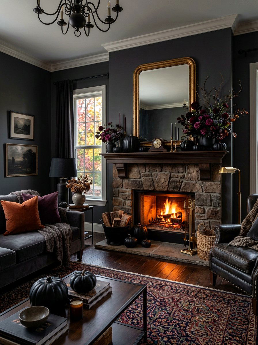 Dark Moody Autumn Fireplace - 30 fall mantel styling ideas