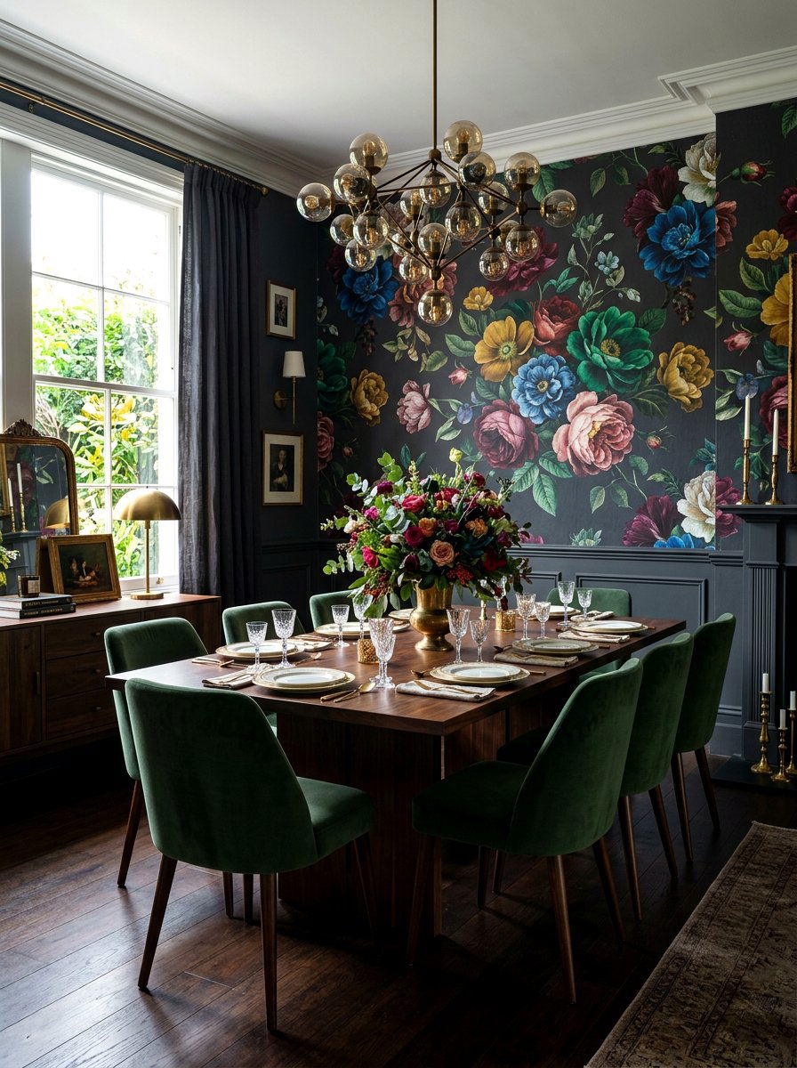 Dark Moody Floral Dining Room - 30 wallpaper decor ideas