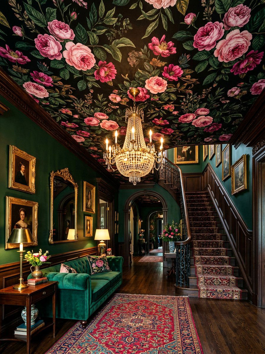 Dark Moody Floral Foyer - 30 wallpapered foyer ceiling ideas