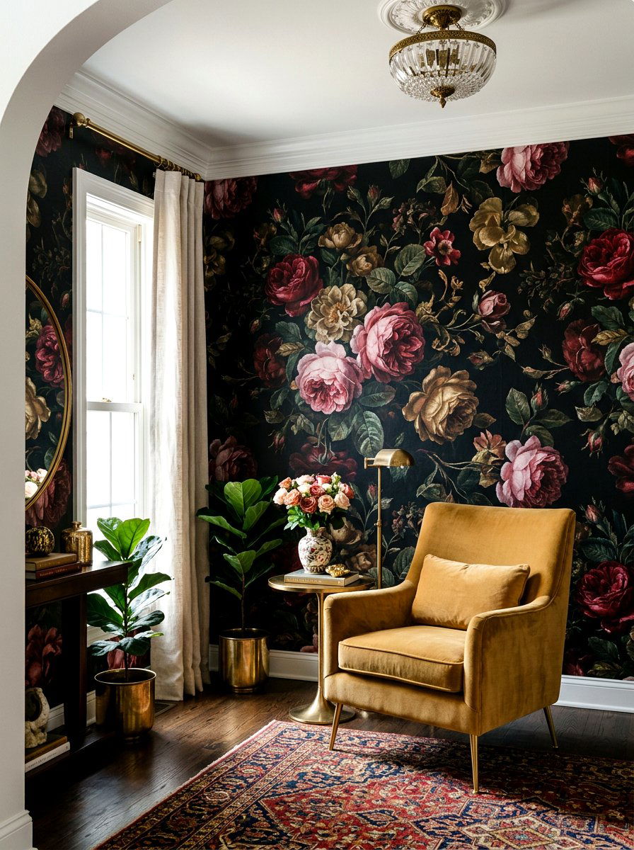Dark Moody Floral Wallpaper - 30 playful maximalist living room ideas
