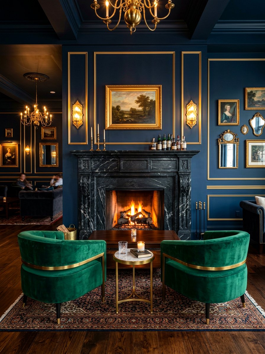 Dark Moody Lounge - 30 basement fireplace ideas
