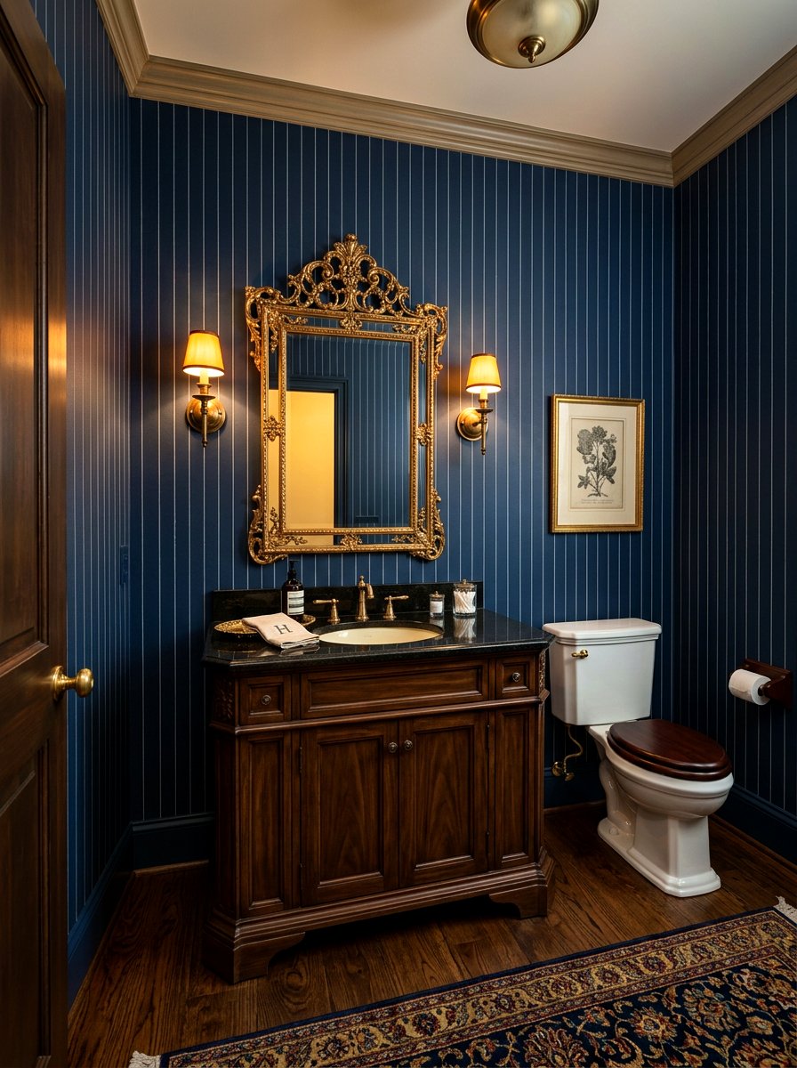 Dark Moody Pinstripe Bath - 30 stripe powder bath ideas