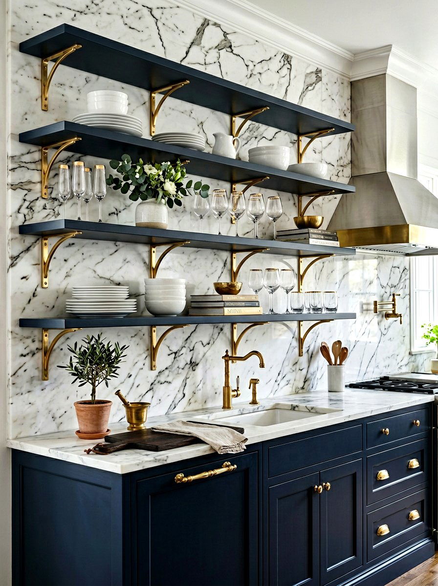 Dark Navy Kitchen Shelves - 30 kitchen open shelf styling ideas