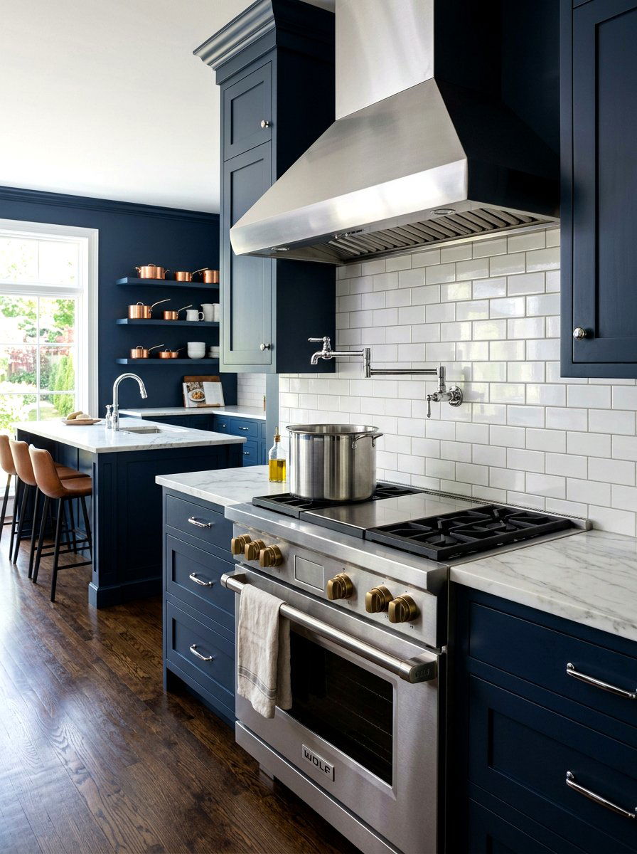 Dark Navy Kitchen with Chrome Pot Filler - 30 navy and chrome kitchen ideas