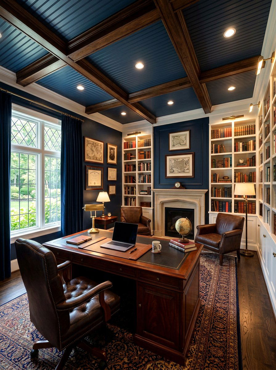 Dark Navy Study Beadboard - 30 beadboard ceiling ideas