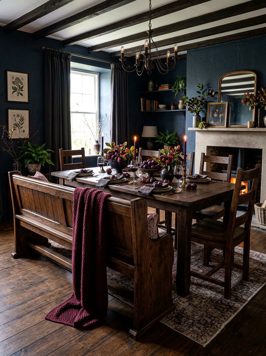 Dark Oak Dining Bench - 30 moody berry tablescape ideas