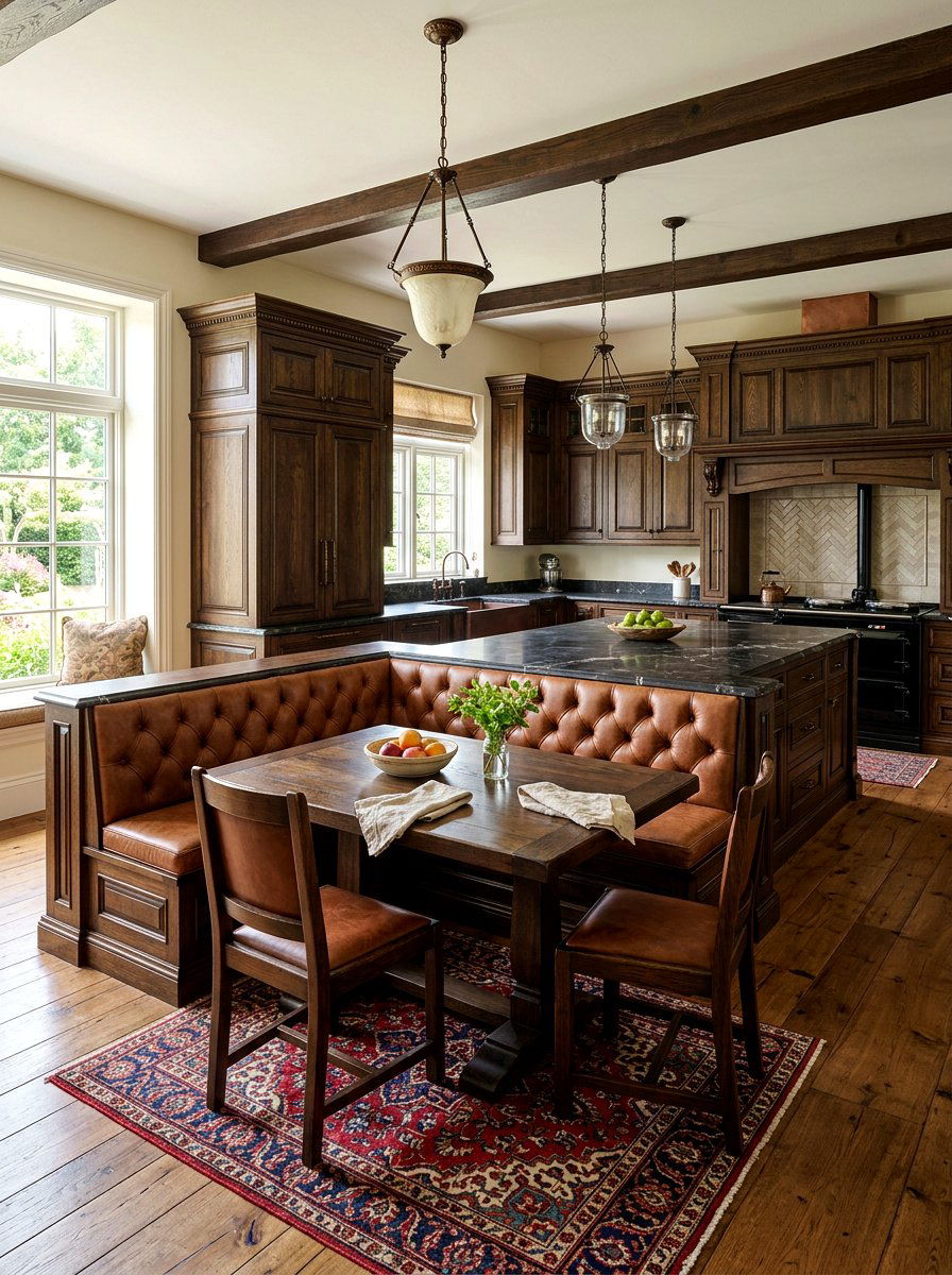 Dark Oak Island Banquette - 30 banquette kitchen island ideas