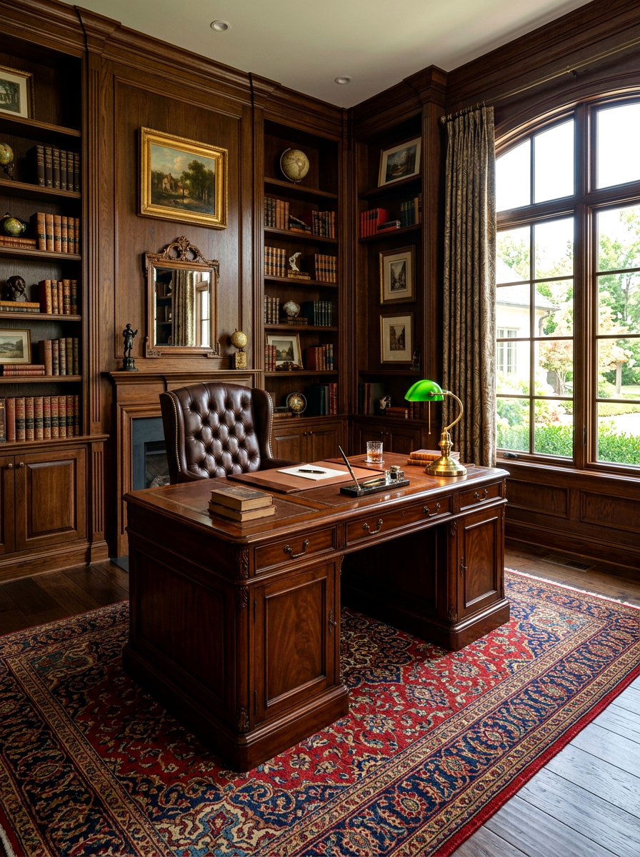 Dark Oak Office - 30 wood paneled office ideas