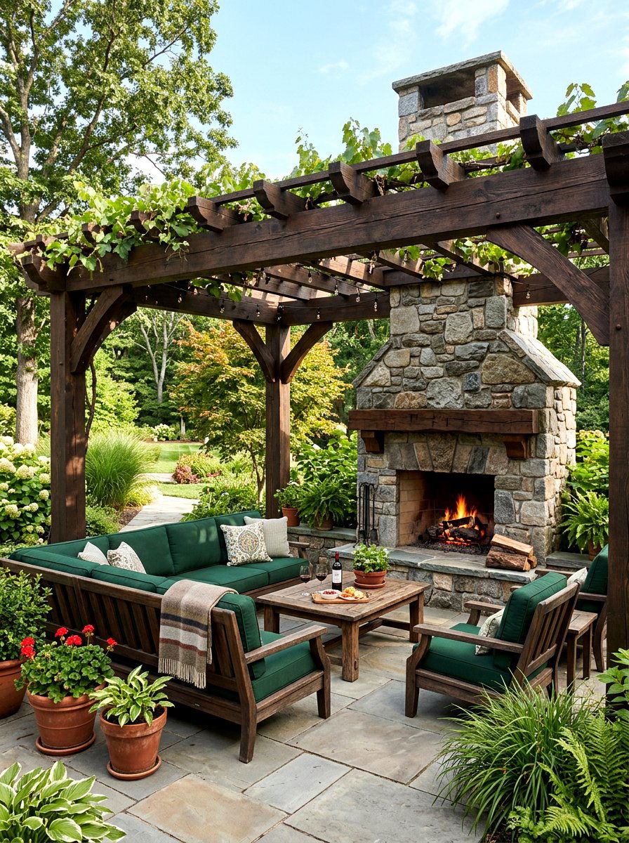 Dark Oak Pergola Masonry Fireplace - 30 pergola with fireplace ideas