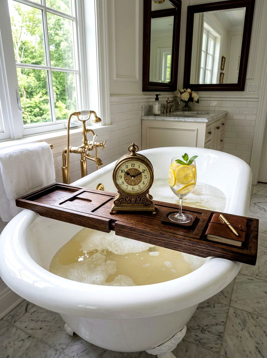 Dark Oak Tub Bridge - 30 bath tray spa ideas