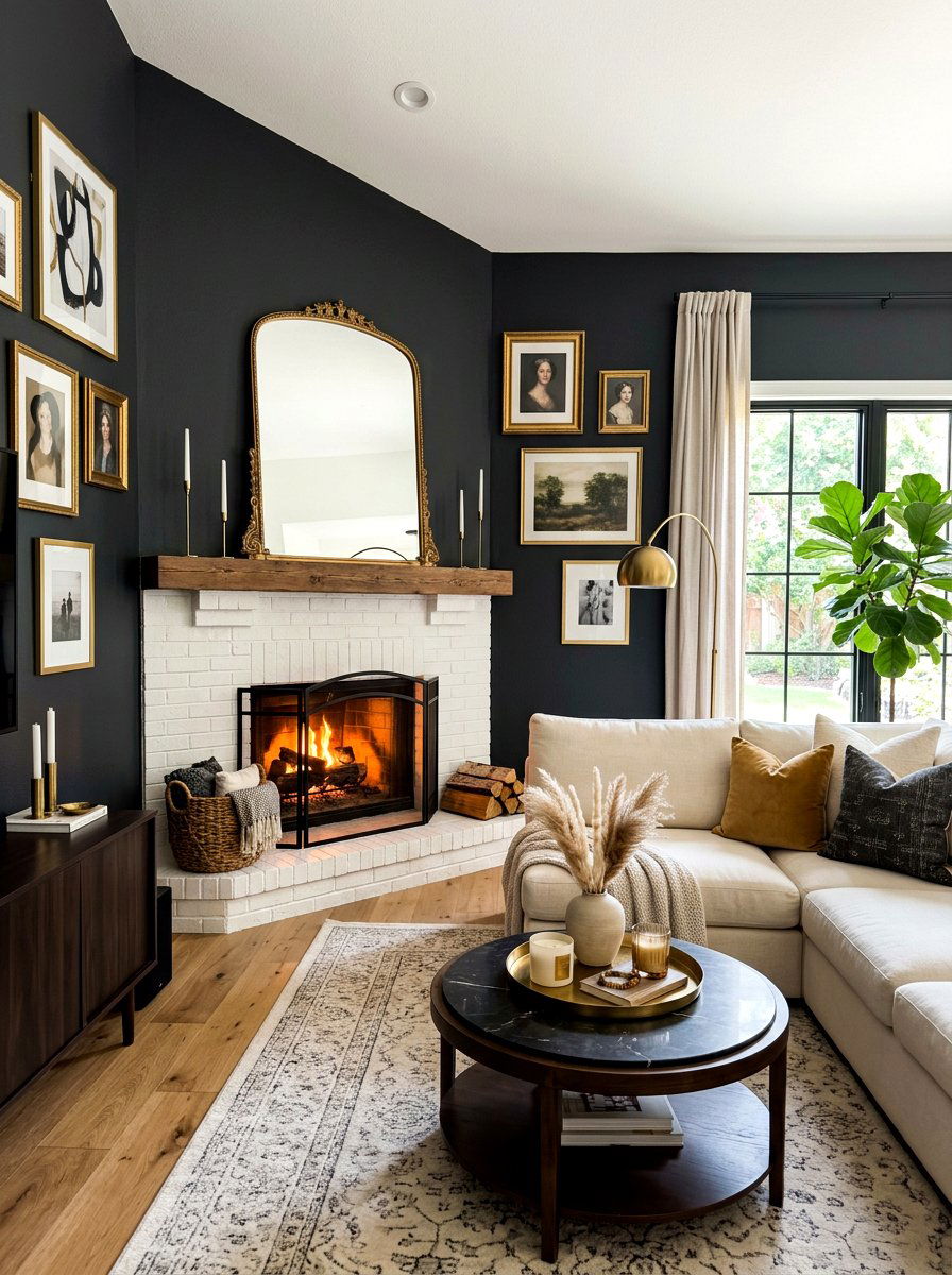 Dark Painted Accent Wall - 30 corner fireplace ideas