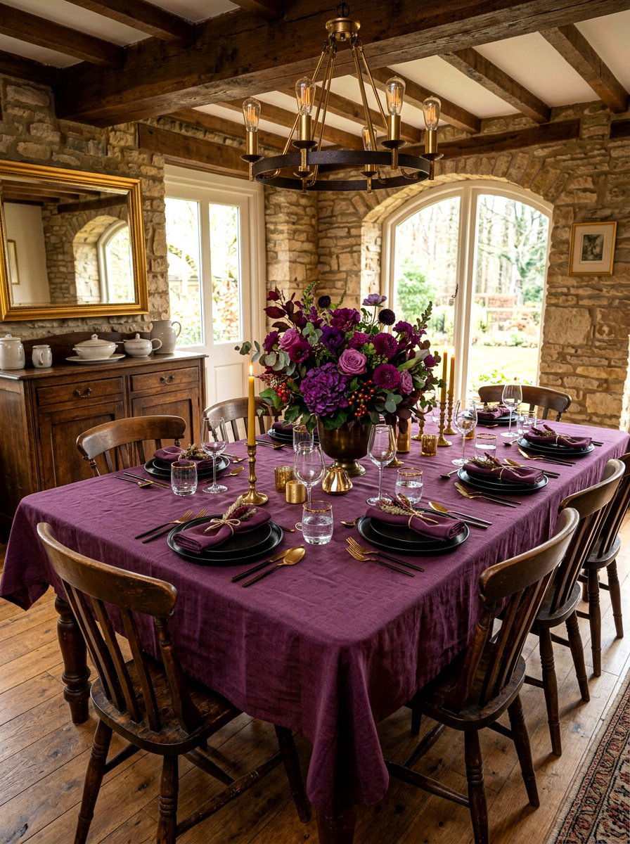 Dark Plum Linen Tablecloth - 30 moody berry tablescape ideas