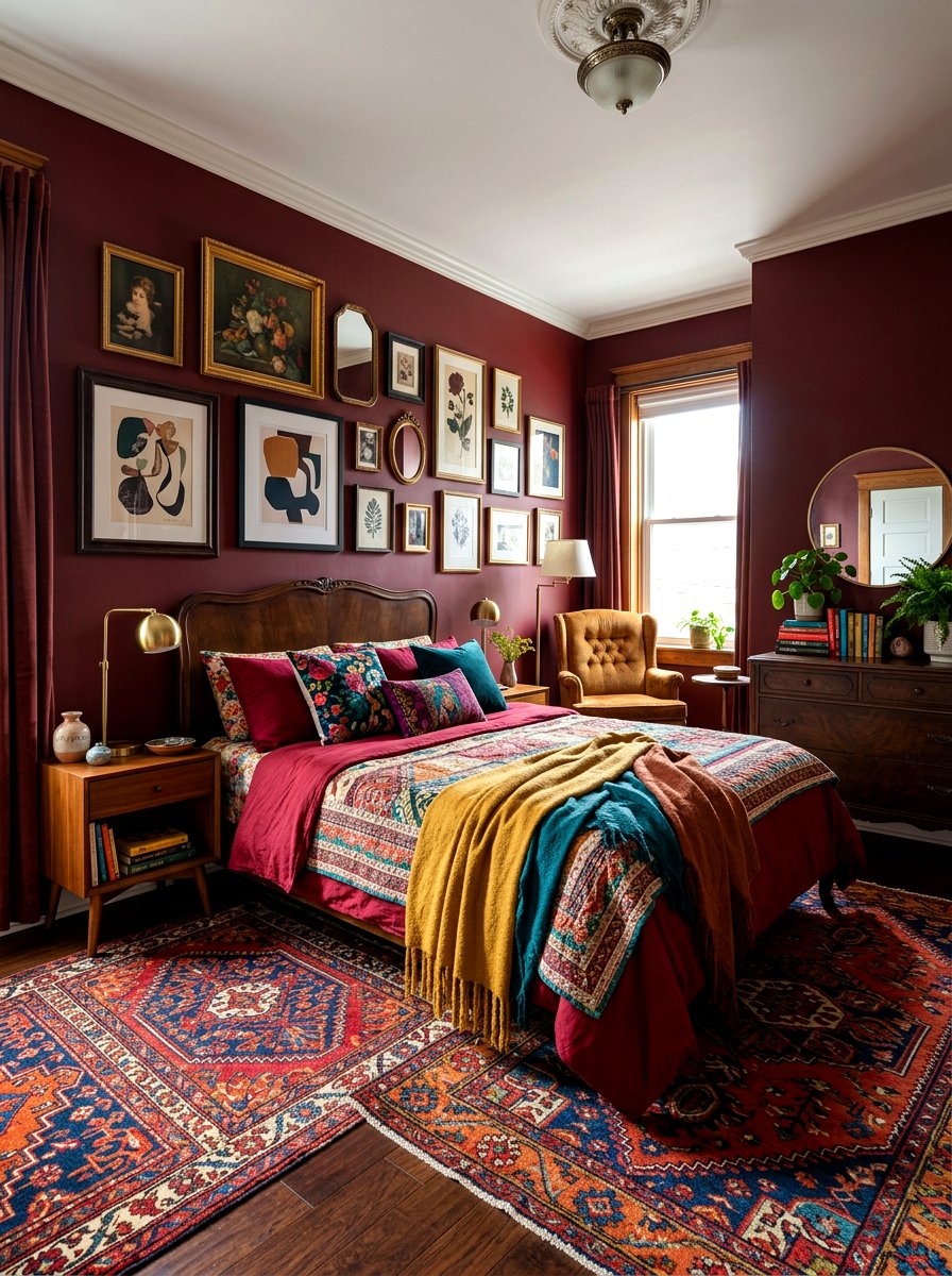 Dark Red Eclectic Bedroom - 30 wine color bedroom ideas
