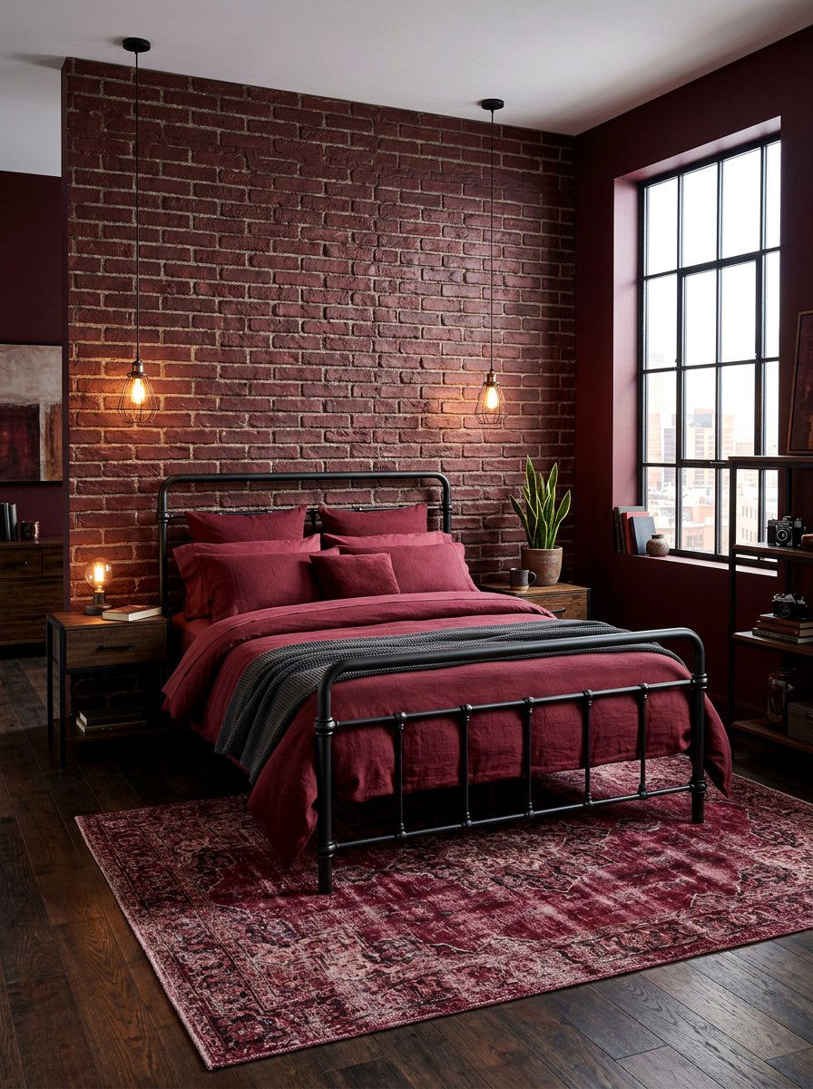 Dark Red Industrial Bedroom - 30 wine color bedroom ideas