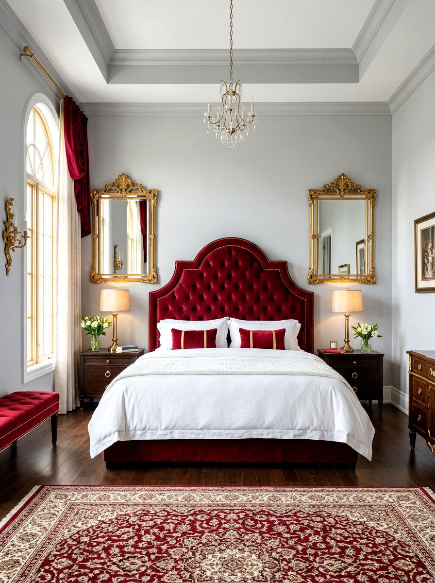 Dark Red Velvet Headboard - 30 wine color bedroom ideas