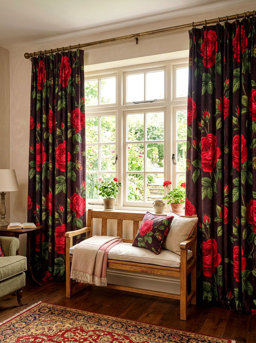 Dark Rose Print Curtains - 30 dark floral bedroom aesthetic ideas