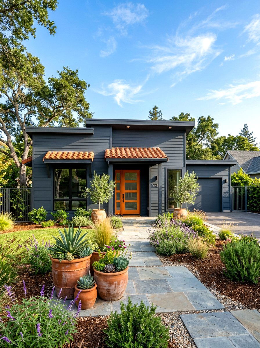 Dark Slate Siding With Terracotta Accents - 30 gray house exterior ideas