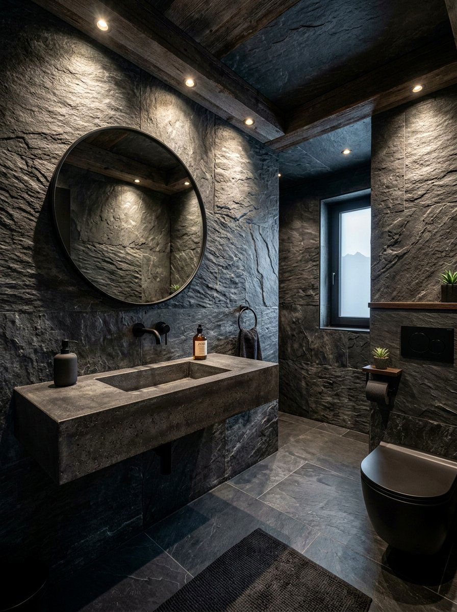 Dark Slate Stone - 30 dark powder room ideas