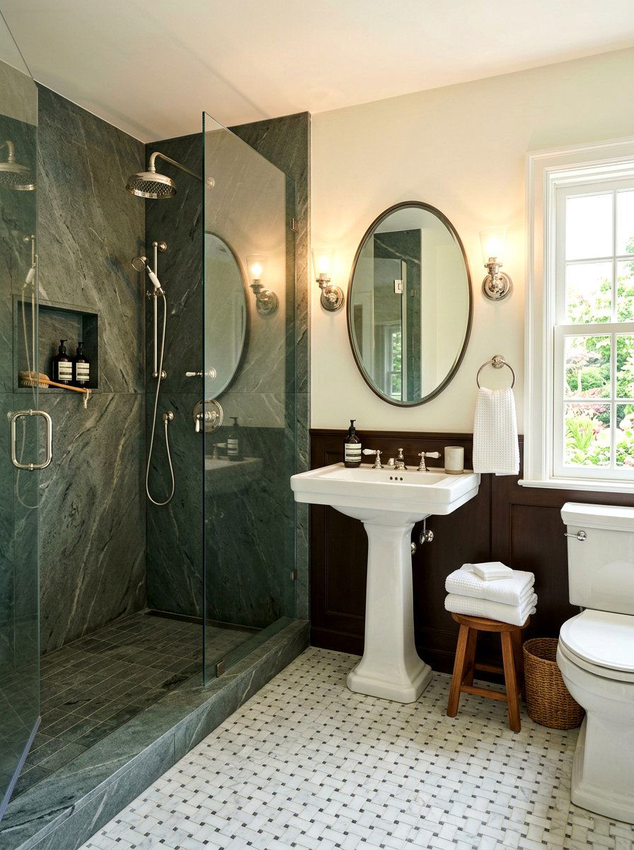 Dark Soapstone Shower - 30 stone slab shower wall ideas